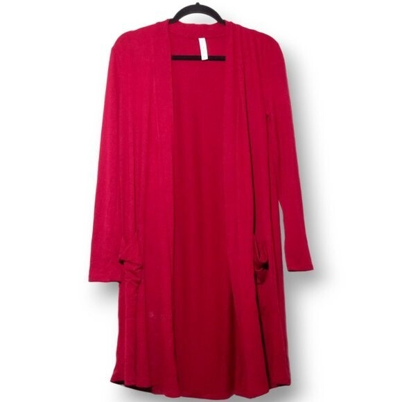 Zenana Sunday Morning Open Front Cardigan-Small-Slouchy-Slinky-Pockets-Red NWOT - Picture 2 of 6